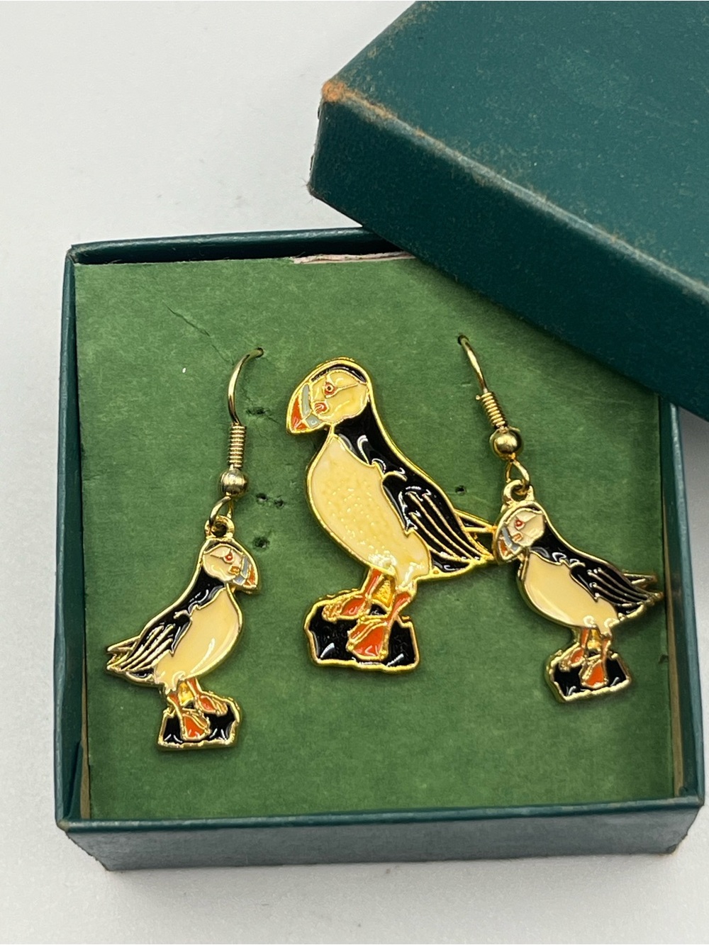 Vintage Puffin Enamel Bird Earrings and Pendant Set - Gold & Black
